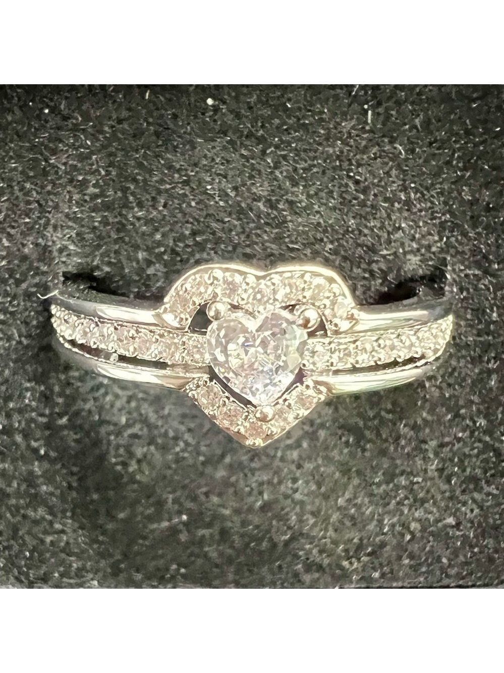Silver Heart Ring Crystal Accents Size 8